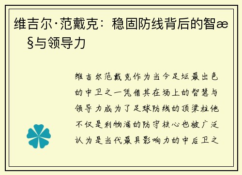 维吉尔·范戴克：稳固防线背后的智慧与领导力