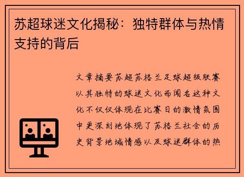 苏超球迷文化揭秘：独特群体与热情支持的背后