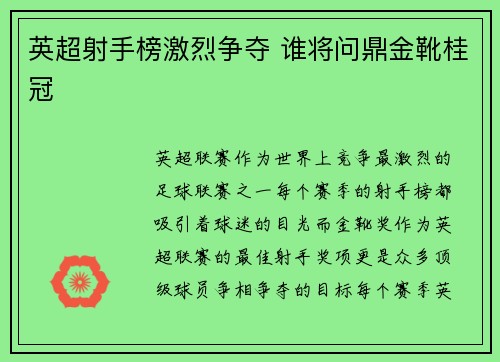 英超射手榜激烈争夺 谁将问鼎金靴桂冠