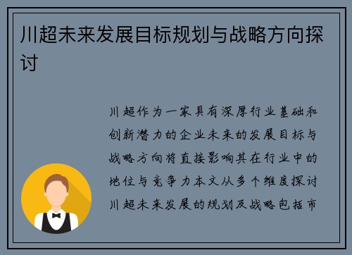 川超未来发展目标规划与战略方向探讨